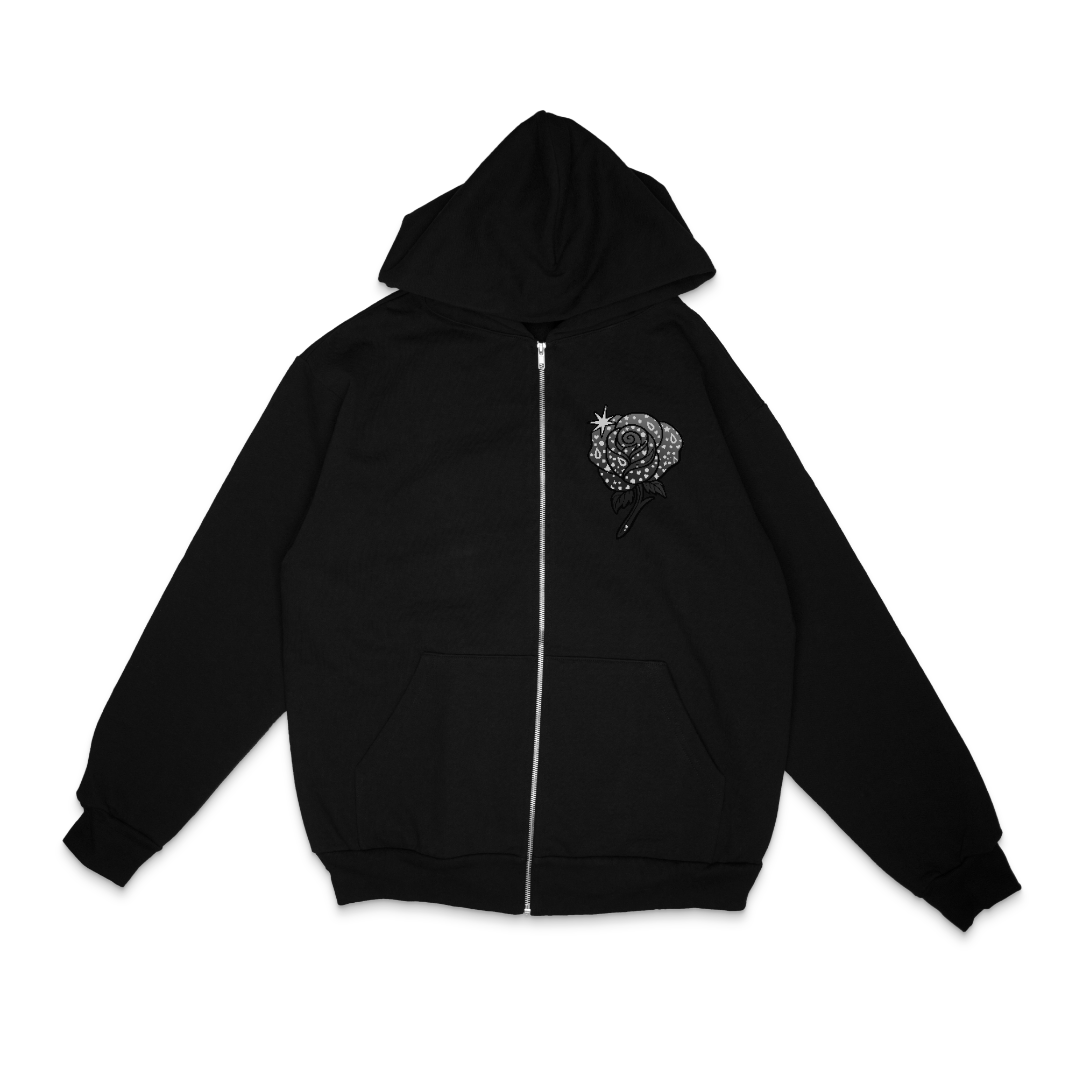MONOCHROME FLOWER ZIP HOODIE [BLACK]